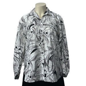 Vintage CoCo Abstract Satin Button Down Blouse White Black 2X-3X